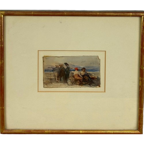 67 - GUIDO BACH (GERMAN 1828-1905): A WATERCOLOUR ON PAPER PAINTING DEPICTING FIGURES OVERLOOKING THE SEA... 