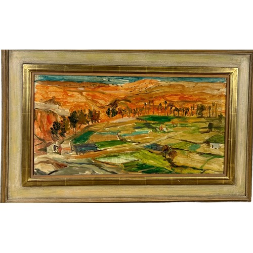 57 - ALASTAIR FLATTELY (SCOTTISH 1922-2009) AN OIL ON BOARD PAINTING ENTITLED 'FIELDS NEAR TOLEDO', 

56c... 