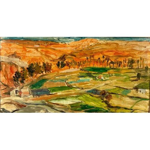 57 - ALASTAIR FLATTELY (SCOTTISH 1922-2009) AN OIL ON BOARD PAINTING ENTITLED 'FIELDS NEAR TOLEDO', 

56c... 