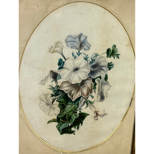 83 - A PENCIL AND WATERCOLOUR PAINTING ON PAPER DEPICTING FLOWERS, 

38cm x 28cm 

Oval mount, in a gilde... 