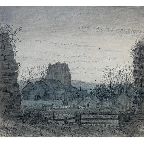 88 - A PEN AND INK SKETCH ON PAPER OF ST MARY'S CHURCH, WESTHAM, PEVENSEY, SUSSEX, 

16cm x 15cm 

Mounte... 