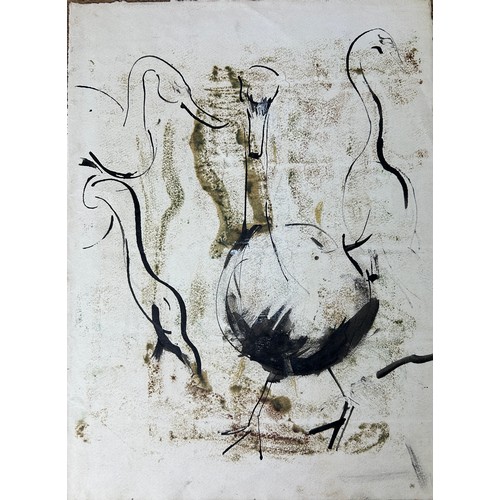 108 - A LITHOGRAPH OF A SWAN ALONG WITH A WATERCOLOUR ON PAPER DEPICTING A GAGGLE OF GEESE (2) 

Swan: She... 