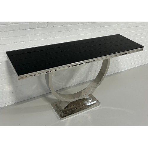 464 - A HOLLYWOOD REGENCY STYLE CHROME TABLE WITH BLACK GLASS TOP,

160cm x 83cm x 45cm