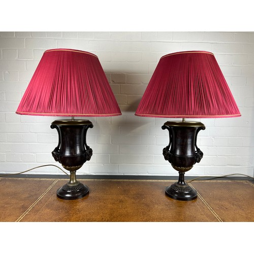 432 - A PAIR OF BRONZE CLASSICAL URN TABLE LAMPS. WITH RAMS HEAD HANDLES (2),

54cm x 23cm