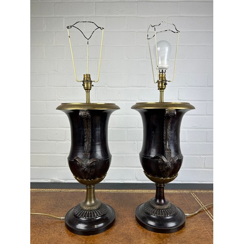 432 - A PAIR OF BRONZE CLASSICAL URN TABLE LAMPS. WITH RAMS HEAD HANDLES (2),

54cm x 23cm