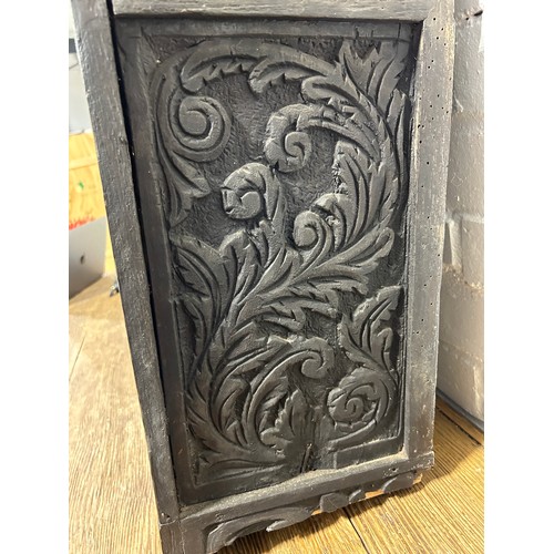 418 - A CHARLES II DESIGN CARVED OAK CABINET, 

One glass missing, some damage

71cm x 44cm x 24cm