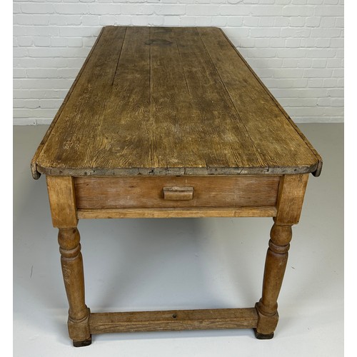 420 - A LARGE PINE FARMHOUSE TABLE WITH PLANK TOP, 

198cm x 86cm x 72cm