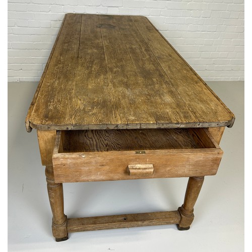 420 - A LARGE PINE FARMHOUSE TABLE WITH PLANK TOP, 

198cm x 86cm x 72cm