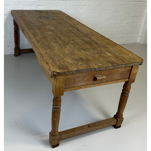 420 - A LARGE PINE FARMHOUSE TABLE WITH PLANK TOP, 

198cm x 86cm x 72cm