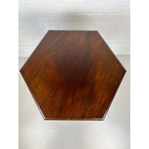 427 - A HEXAGONAL ARTS AND CRAFTS DESIGN TABLE, 

67cm H x 44cm W