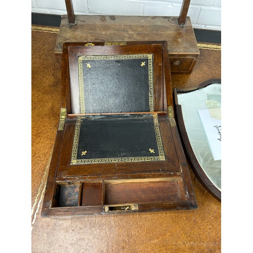 581 - FOR RESTORATION: TWO ANTIQUE TOILET MIRRORS, WRITING SLOPE, TOBACCO JAR, SPARES AND PARTS,