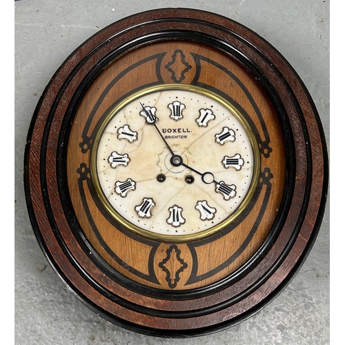 571 - A CASED CLOCK BY BOXELL BRIGHTON WITH MARBLE FACE AND PORCELAIN NUMERALS

56cm x 48cm x 12cm