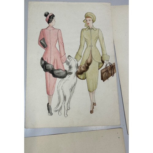 75 - A COLLECTION OF THIRTEEN FASHION PENCIL DRAWINGS AND WATERCOLOUR PAINTINGS, 

Depicting ladies in va... 