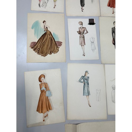 75 - A COLLECTION OF THIRTEEN FASHION PENCIL DRAWINGS AND WATERCOLOUR PAINTINGS, 

Depicting ladies in va... 