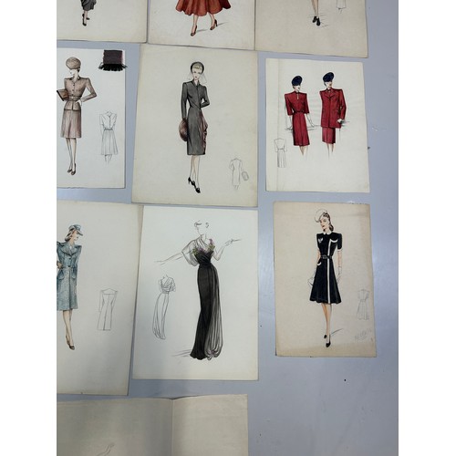 75 - A COLLECTION OF THIRTEEN FASHION PENCIL DRAWINGS AND WATERCOLOUR PAINTINGS, 

Depicting ladies in va... 