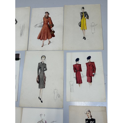 75 - A COLLECTION OF THIRTEEN FASHION PENCIL DRAWINGS AND WATERCOLOUR PAINTINGS, 

Depicting ladies in va... 