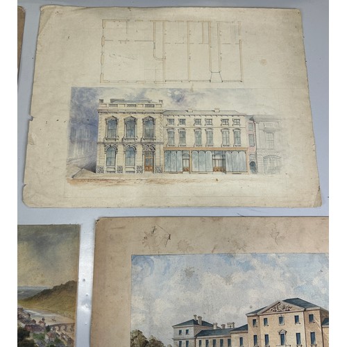 91 - A COLLECTION OF FIVE WATERCOLOUR PAINTINGS ON PAPER, 

To include three architectural plans (pencil ... 