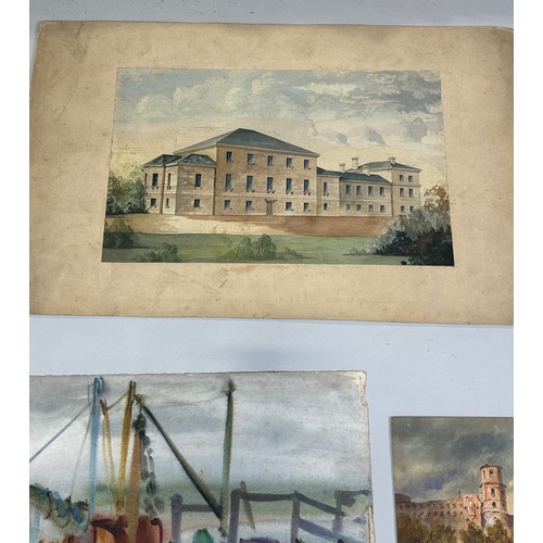 91 - A COLLECTION OF FIVE WATERCOLOUR PAINTINGS ON PAPER, 

To include three architectural plans (pencil ... 