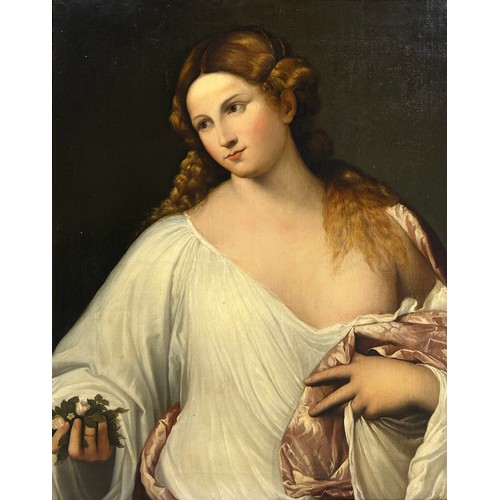 1 - AFTER TITIAN (TIZIANO VECELLIO) 'FLORA' OIL ON CANVAS PAINTING MOUNTED IN A GILT WOOD FRAME, 

78.5c... 