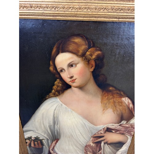 1 - AFTER TITIAN (TIZIANO VECELLIO) 'FLORA' OIL ON CANVAS PAINTING MOUNTED IN A GILT WOOD FRAME, 

78.5c... 