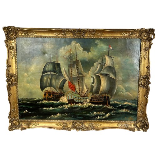 60 - AN OIL ON CANVAS PAINTING OF WARSHIPS,
 
Signed indistinctly. 

90cm x 62cm 

Mounted in a giltwood ... 