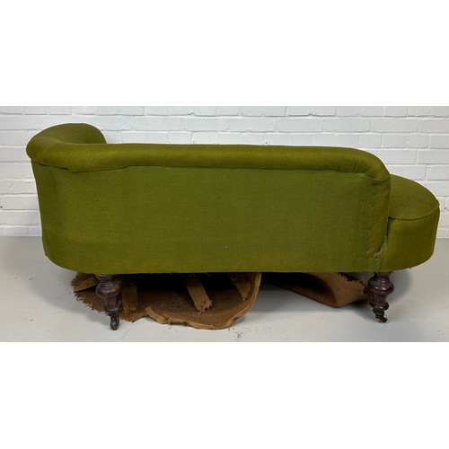 587 - A VICTORIAN CHAISE LOUNGE UPHOLSTERED IN GREEN BUTTON BACK FABRIC, 

Raised on turned legs and white... 