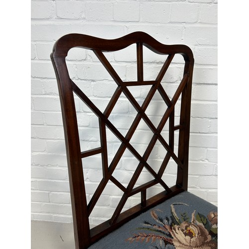 578 - A MAHOGANY COCKPEN SIDE CHAIR WITH FLORAL UPHOLSTERED SEAT,
 
100cm x 56cm x 48cm