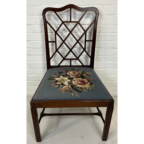 578 - A MAHOGANY COCKPEN SIDE CHAIR WITH FLORAL UPHOLSTERED SEAT,
 
100cm x 56cm x 48cm