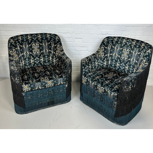 467 - A PAIR OF DESIGNER ARMCHAIRS WITH FRINGED TASSLES UPHOLSTERED IN 'PSYCHADELIC' VELVET FABRIC, 

91cm... 