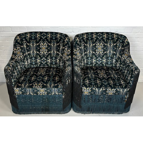 467 - A PAIR OF DESIGNER ARMCHAIRS WITH FRINGED TASSLES UPHOLSTERED IN 'PSYCHADELIC' VELVET FABRIC, 

91cm... 