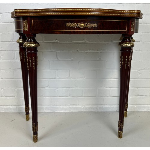 459 - A FRENCH STYLE CARD TABLE WITH GILT METAL MOUNTS, MARQUETRY DETAIL AND GREEN BAIZE INTERIOR,

89cm x... 