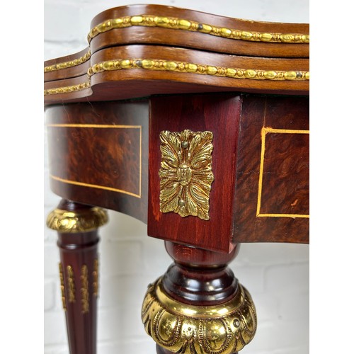 459 - A FRENCH STYLE CARD TABLE WITH GILT METAL MOUNTS, MARQUETRY DETAIL AND GREEN BAIZE INTERIOR,

89cm x... 