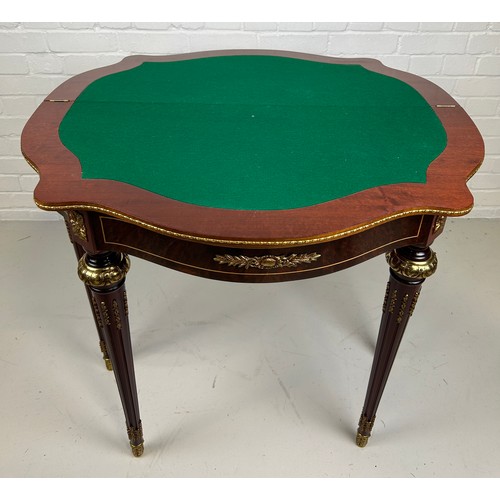 459 - A FRENCH STYLE CARD TABLE WITH GILT METAL MOUNTS, MARQUETRY DETAIL AND GREEN BAIZE INTERIOR,

89cm x... 