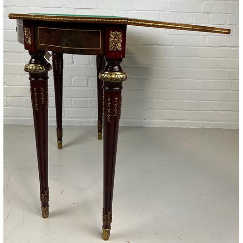 459 - A FRENCH STYLE CARD TABLE WITH GILT METAL MOUNTS, MARQUETRY DETAIL AND GREEN BAIZE INTERIOR,

89cm x... 