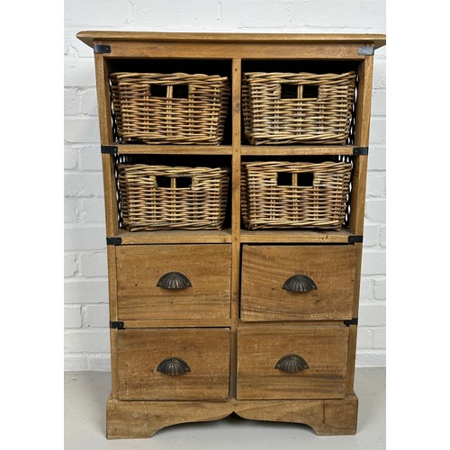 532 - AN INDIAN TEAK STORAGE CABINET WITH FOUR WICKER BASKETS AND FOUR DRAWERS WITH METAL HANDLES, 

Metal... 