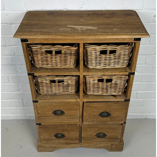 532 - AN INDIAN TEAK STORAGE CABINET WITH FOUR WICKER BASKETS AND FOUR DRAWERS WITH METAL HANDLES, 

Metal... 