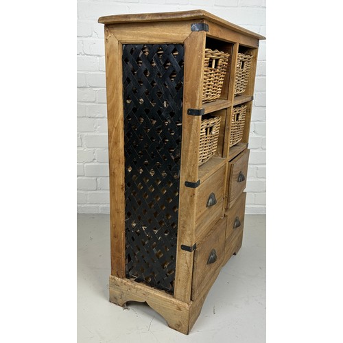 532 - AN INDIAN TEAK STORAGE CABINET WITH FOUR WICKER BASKETS AND FOUR DRAWERS WITH METAL HANDLES, 

Metal... 