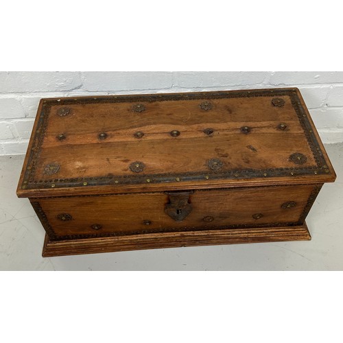 527 - A ZANZIBAR WOODEN TRUNK WITH METAL STUDS AND HANDLES, 

63cm x 29cm x 24cm