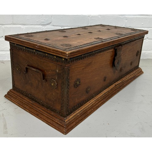 527 - A ZANZIBAR WOODEN TRUNK WITH METAL STUDS AND HANDLES, 

63cm x 29cm x 24cm