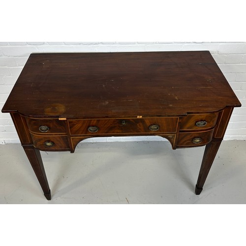 531 - A 19TH CENTURY MAHOGANY SIDEBOARD, 

Line inlaid with four drawers on tapering legs. 

112cm x 85cm ... 