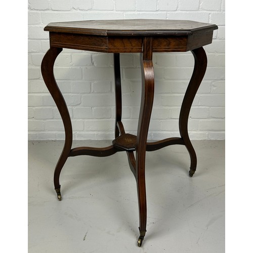 430 - A 19TH CENTURY TWO TIERED OCTAGONAL OCCASIONAL TABLE ON FOUR CABRIOLE LEGS AND CASTORS WITH MARQUETR... 