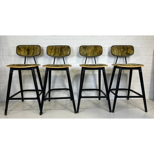 478 - A SET OF FOUR ITALIAN MID CENTURY DESIGN BAR STOOLS UPHOLSTERED IN GREEN 'MARBLE EFFECT' FABRIC,

11... 