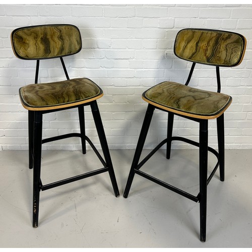 478 - A SET OF FOUR ITALIAN MID CENTURY DESIGN BAR STOOLS UPHOLSTERED IN GREEN 'MARBLE EFFECT' FABRIC,

11... 