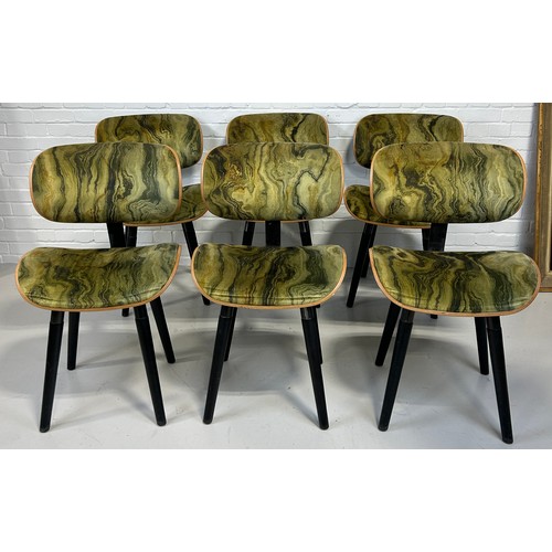 475 - A SET OF SIX ITALIAN MID CENTURY DESIGN DINING CHAIRS UPHOLSTERED IN GREEN 'MARBLE EFFECT' FABRIC,

... 