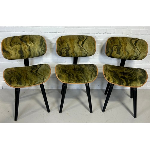 475 - A SET OF SIX ITALIAN MID CENTURY DESIGN DINING CHAIRS UPHOLSTERED IN GREEN 'MARBLE EFFECT' FABRIC,

... 