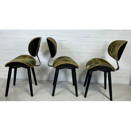 475 - A SET OF SIX ITALIAN MID CENTURY DESIGN DINING CHAIRS UPHOLSTERED IN GREEN 'MARBLE EFFECT' FABRIC,

... 