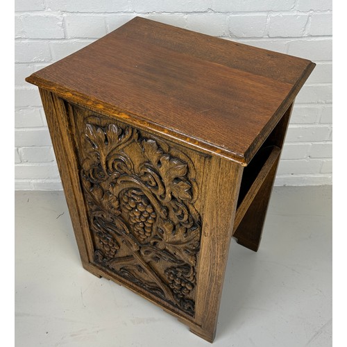 535 - AN OAK SIDE TABLE CARVED WITH GRAPE VINES, 

68cm x 48cm x 36cm