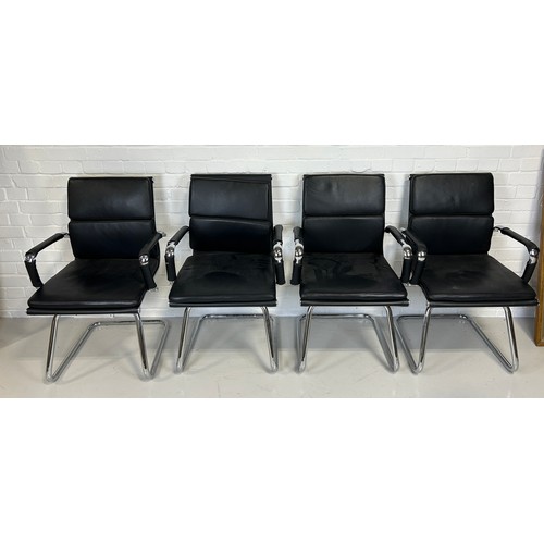 484 - A SET OF FOUR CHROME AND BLACK LEATHER DESK CHAIRS, 

90cm x 55cm x 50cm each.