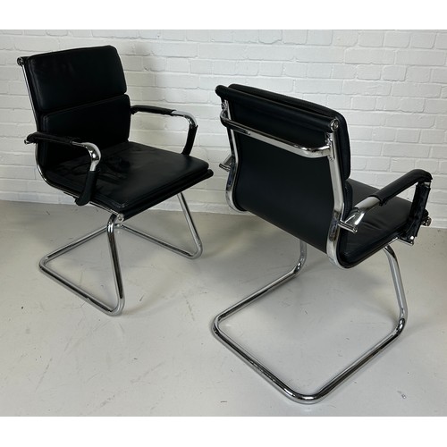 484 - A SET OF FOUR CHROME AND BLACK LEATHER DESK CHAIRS, 

90cm x 55cm x 50cm each.