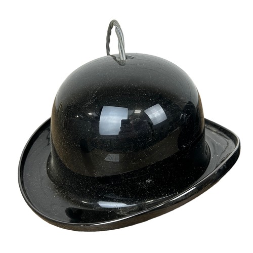 553 - A SET OF THREE BLACK GLASS 'BOWLER HAT' CEILING LIGHTS, 

Largest 29cm x 26cm